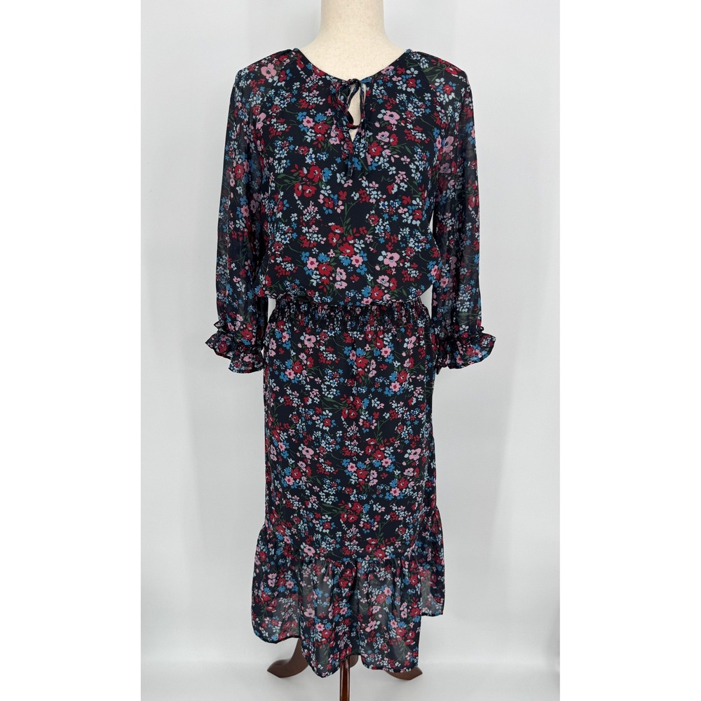 Olivia James The Label Floral Midi Dress XS Black Ruffle Hem Smocked Waist Boho - Picture 2 of 10